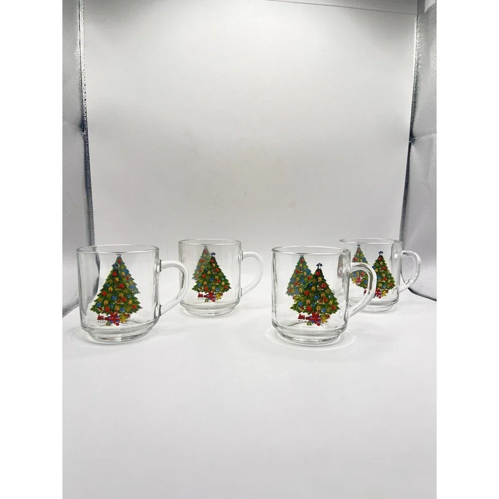 1989. 4 Mugs Carlton Glass Christmas Treasure Decorated Tree Design 3.5